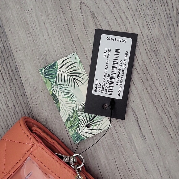 Badgley Mischka Coral Quilted Crossbody Phone Card Holder Pearl Accented NEW‎ - Picture 5 of 12